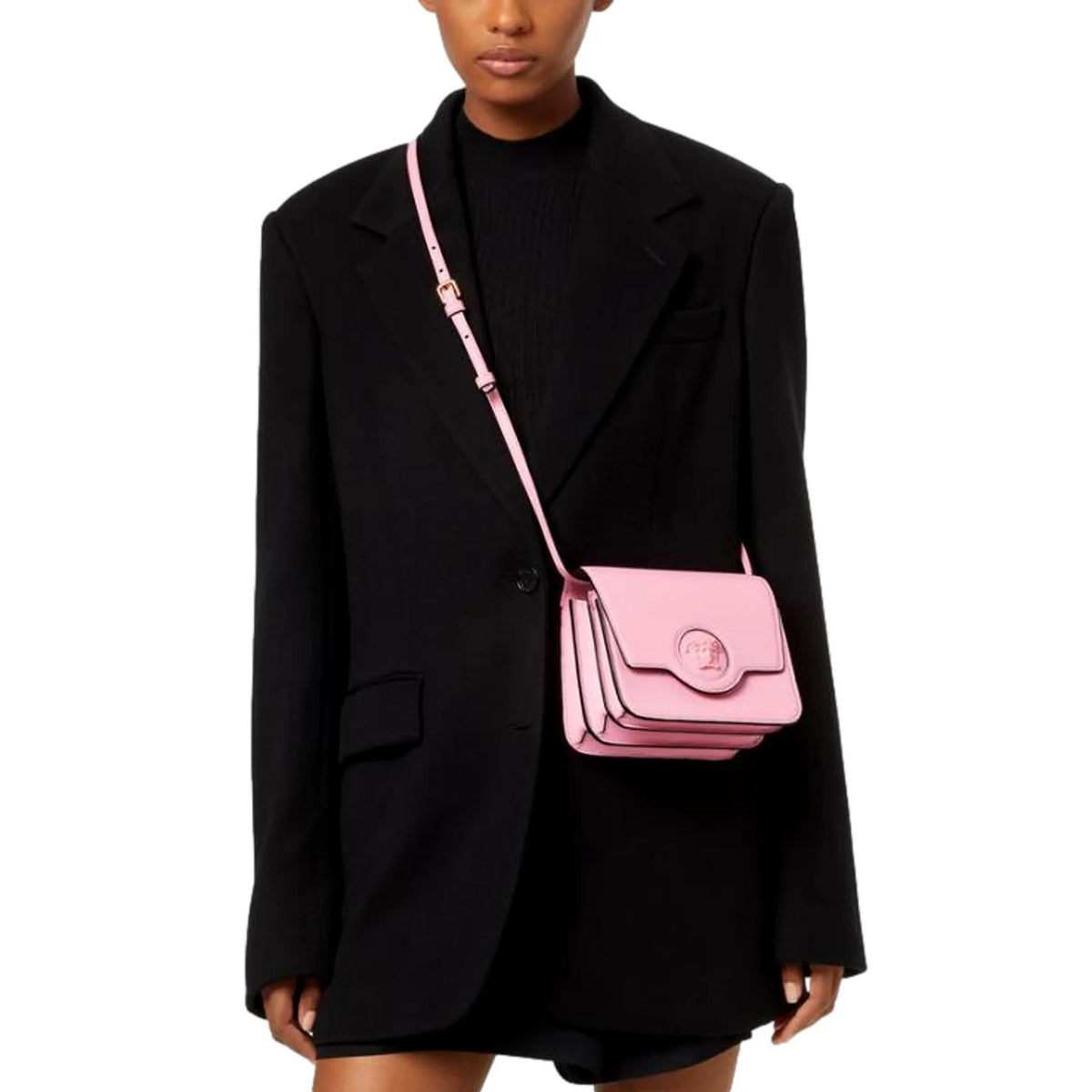 Versace La Medusa Logo Plaque Pink Pebbled Leather Crossbody Bag - Handbags - Clayton's Online Store