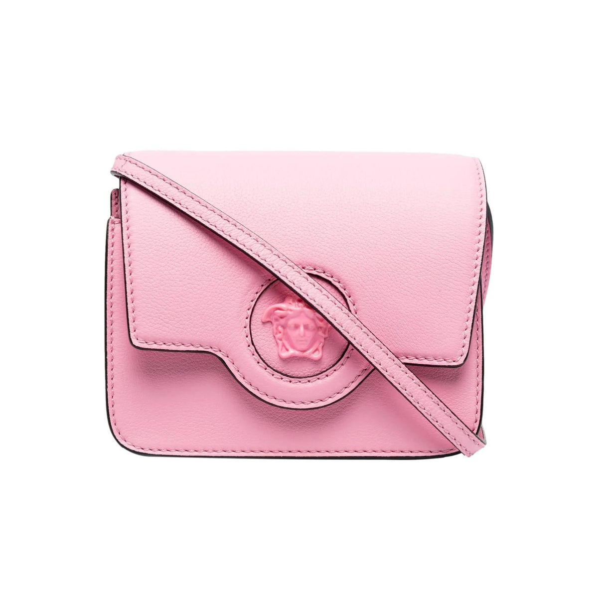 Versace La Medusa Logo Plaque Pink Pebbled Leather Crossbody Bag - Handbags - Clayton's Online Store