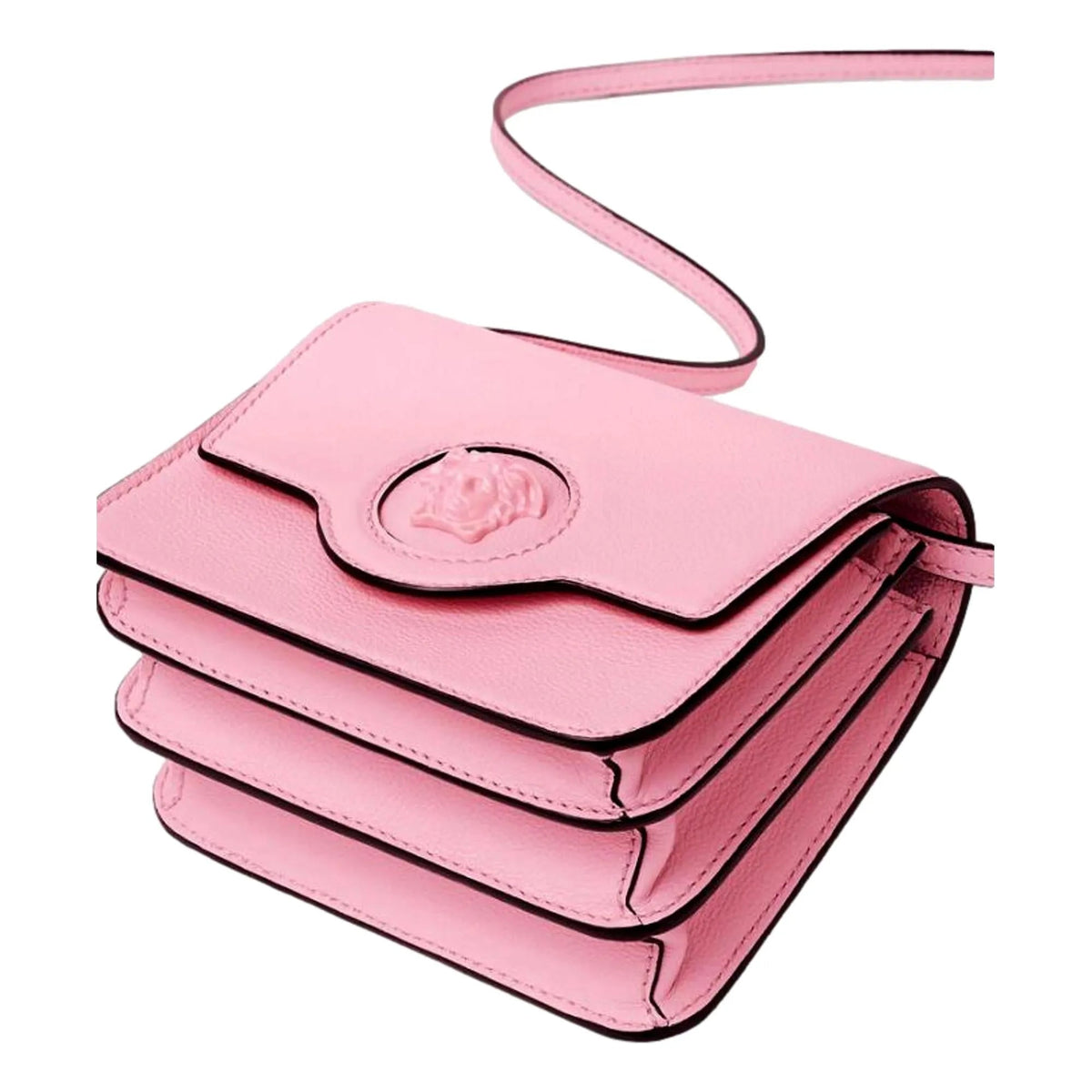 Versace La Medusa Logo Plaque Pink Pebbled Leather Crossbody Bag - Handbags - Clayton's Online Store