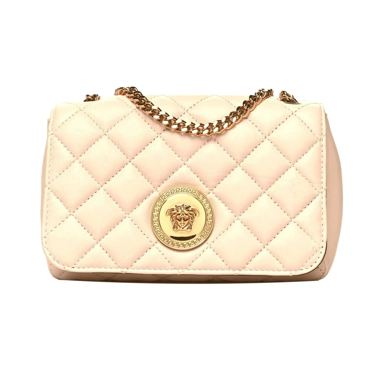 Versace La Medusa Nappa Quilted Beige Leather Chain Small Crossbody Bag