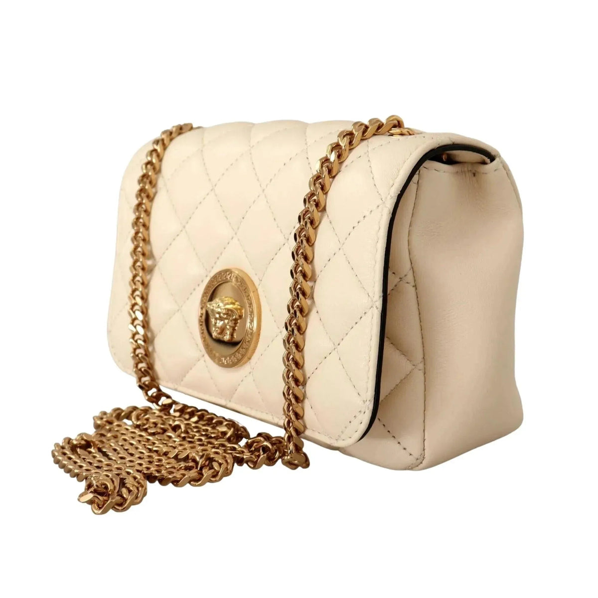 Versace La Medusa Nappa Quilted Beige Leather Chain Small Crossbody Bag - Handbags - Clayton's Online Store