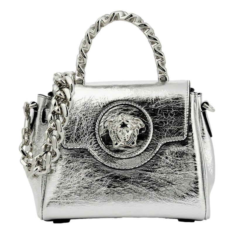 Versace La Medusa Silver Metallic Top Handle Handbag