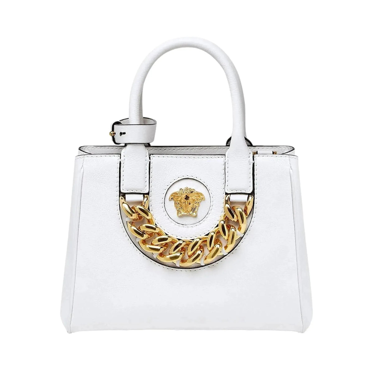 Versace La Medusa Gold Plaque White Leather Small Crossbody Tote Bag