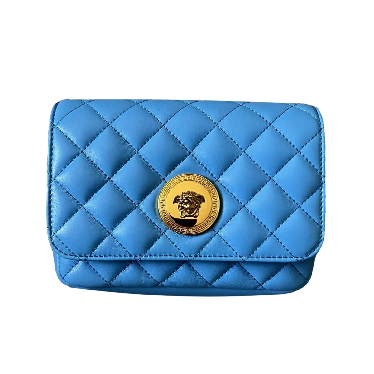 Versace Medusa Nappa Quilted Blue Leather Chain Crossbody - Handbags - Clayton's Online Store