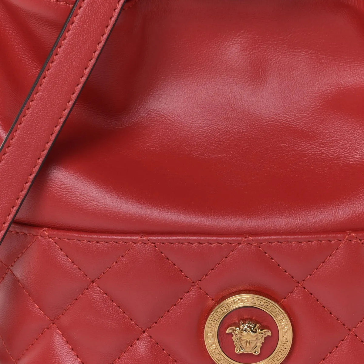 Versace Red Leather Medusa Quilted Drawstring Bucket Bag - Handbags - Clayton's Online Store