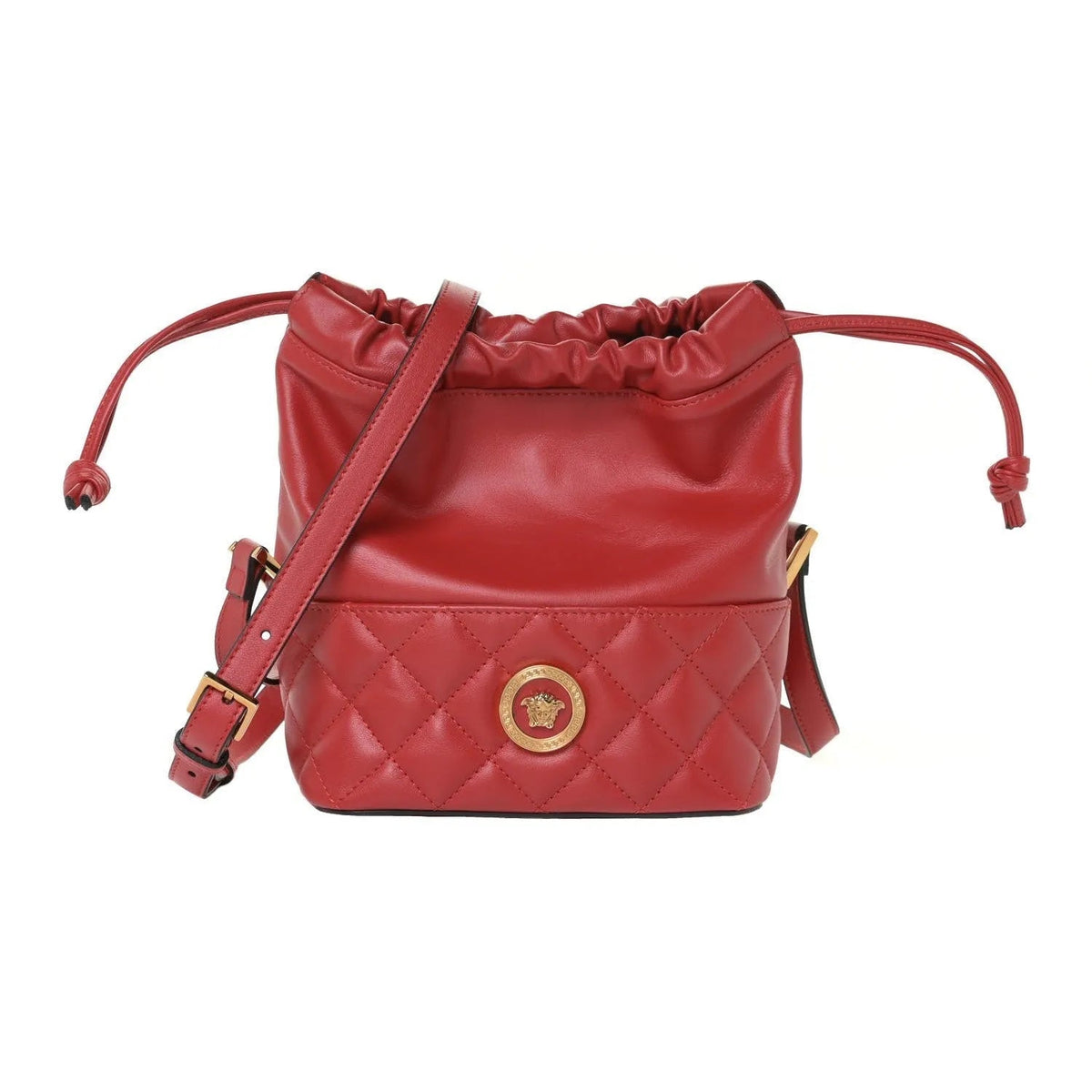 Versace Red Leather Medusa Quilted Drawstring Bucket Bag - Handbags - Clayton's Online Store