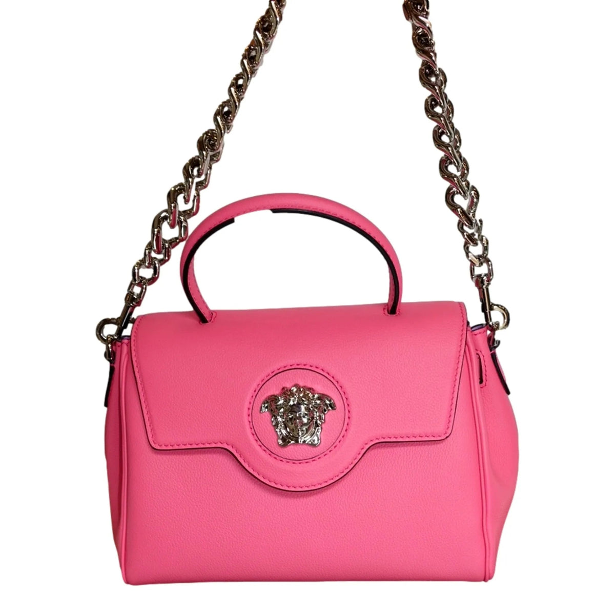 Versace Top Handle Flamingo Pink Vitello Leather Handbag - Handbags - Clayton's Online Store