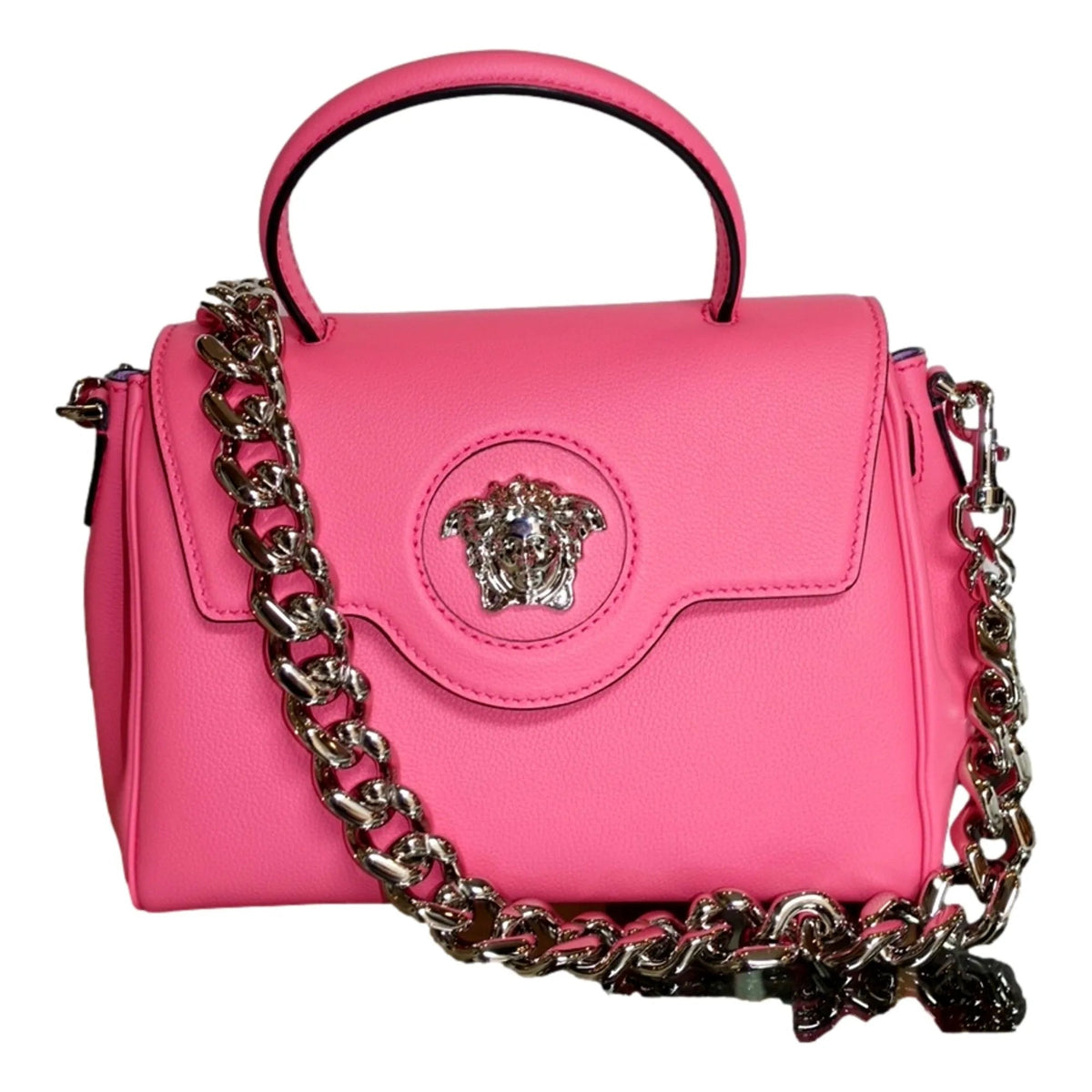 Versace Top Handle Flamingo Pink Vitello Leather Handbag - Handbags - Clayton's Online Store