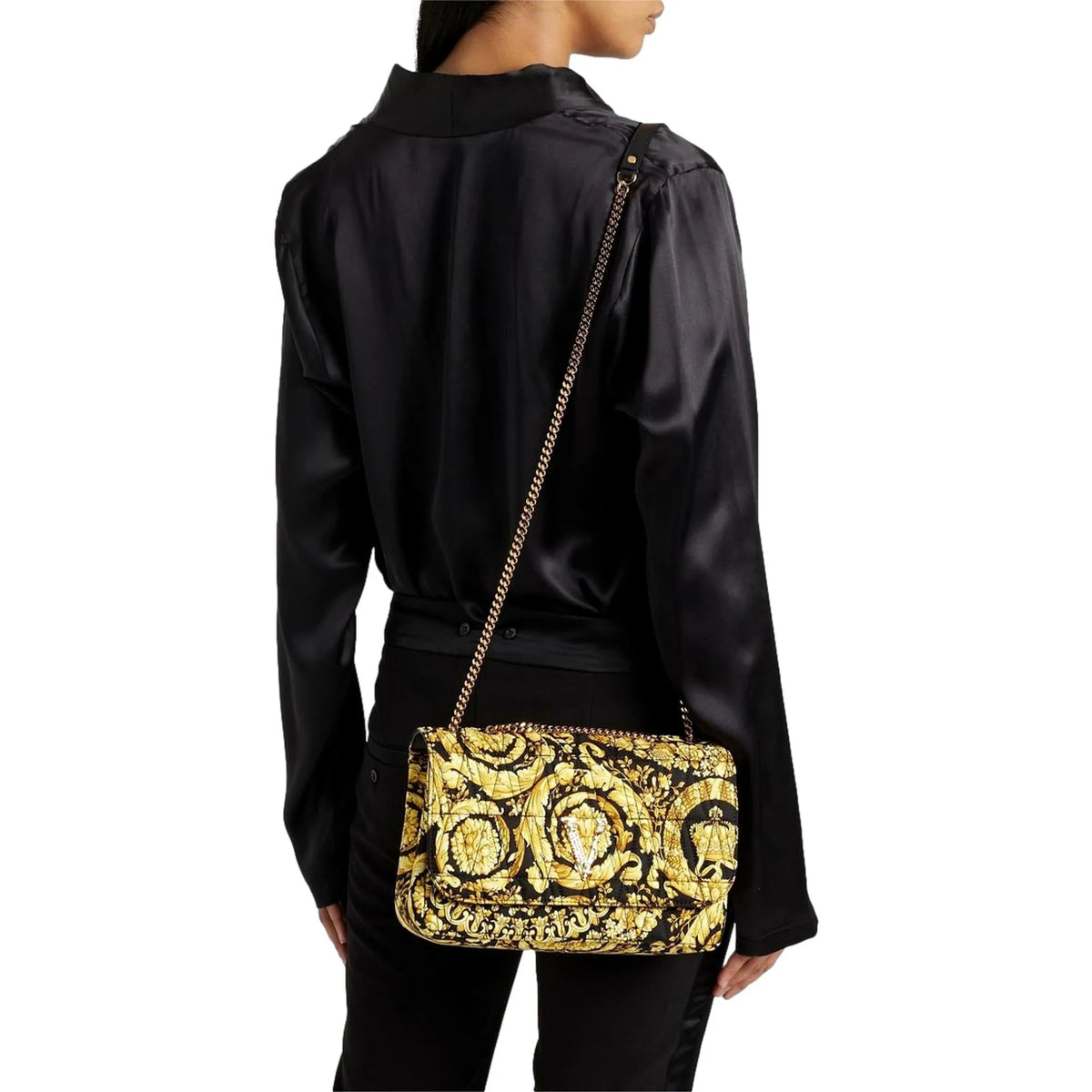 Versace Virtus Barocco Print Quilted Black and Gold Silk Shoulder Bag