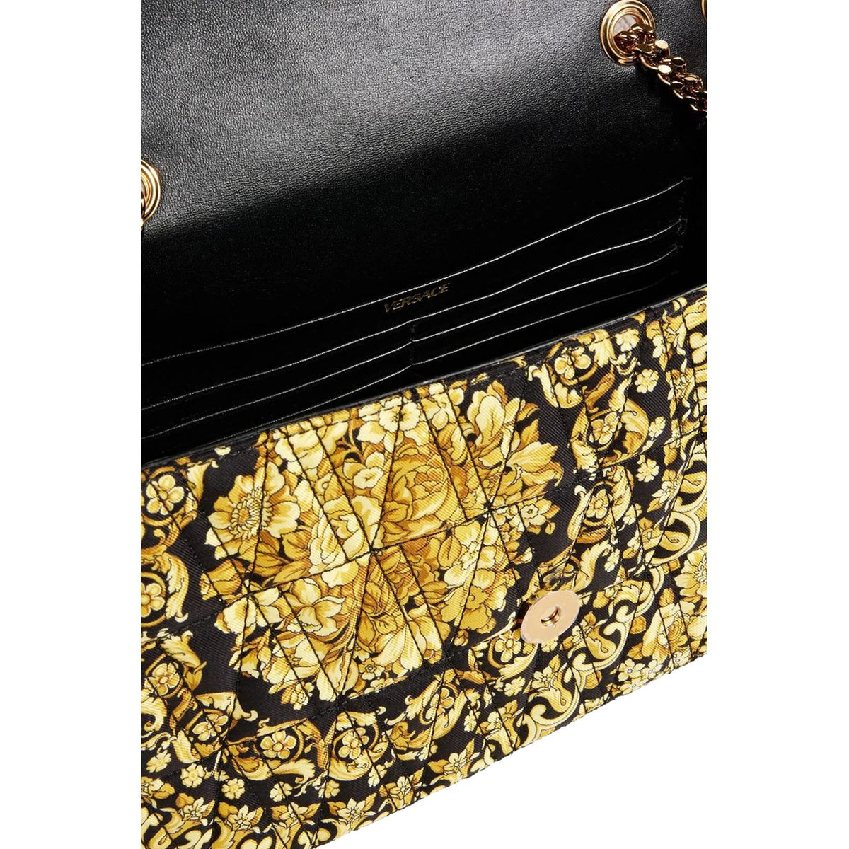 Versace Virtus Barocco Print Quilted Black and Gold Silk Shoulder Bag