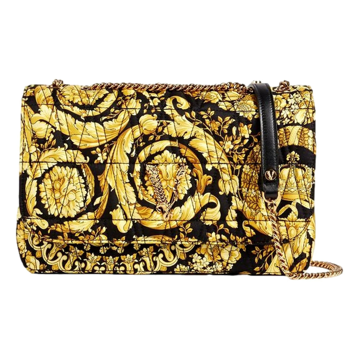 Versace Virtus Barocco Print Quilted Black and Gold Silk Shoulder Bag / Handbags - Handbags - Clayton's Online Store