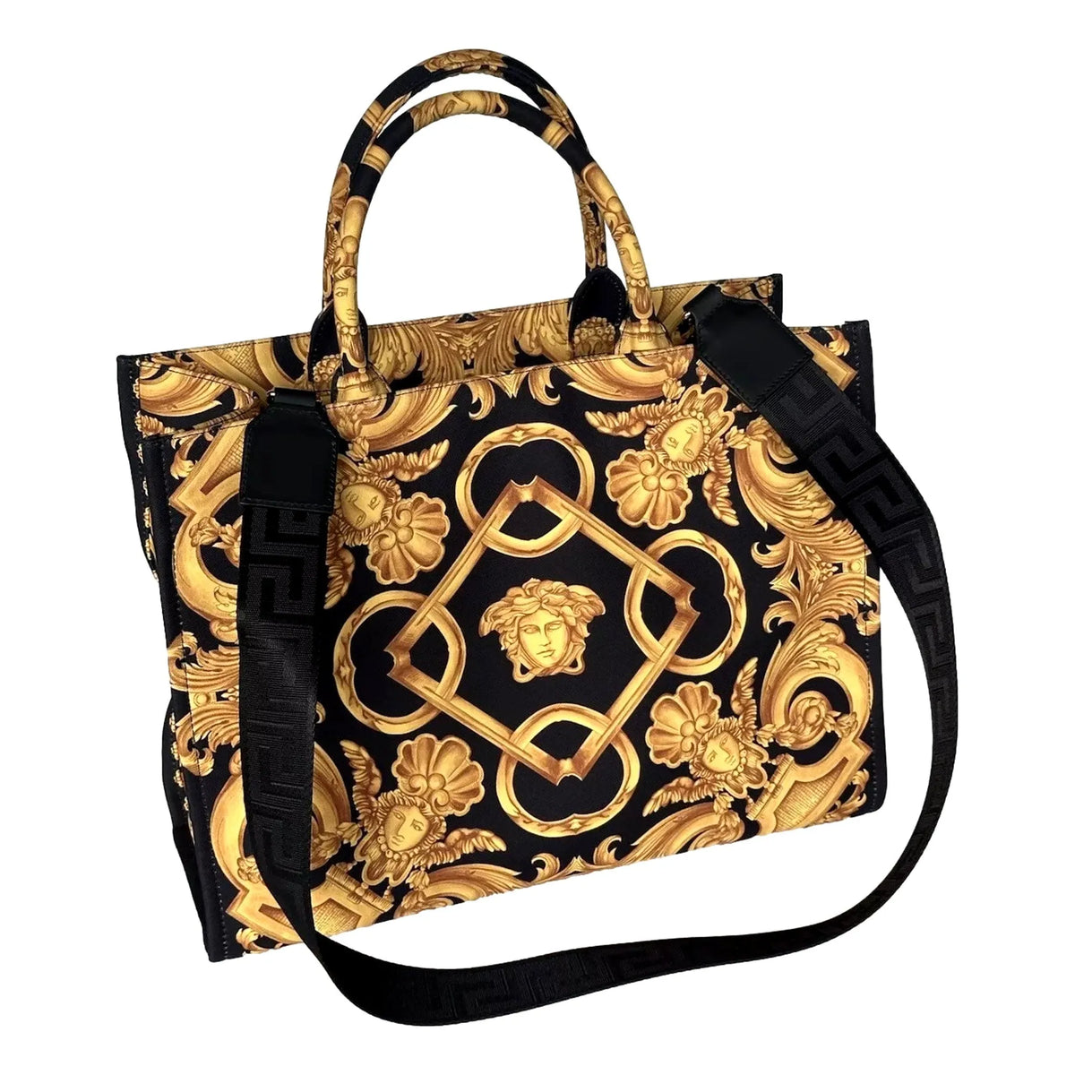 Versace Black and Gold Signature Print Large Canvas Tote