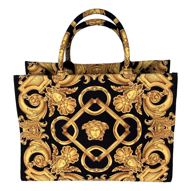 Versace Black and Gold Signature Print Large Canvas Tote