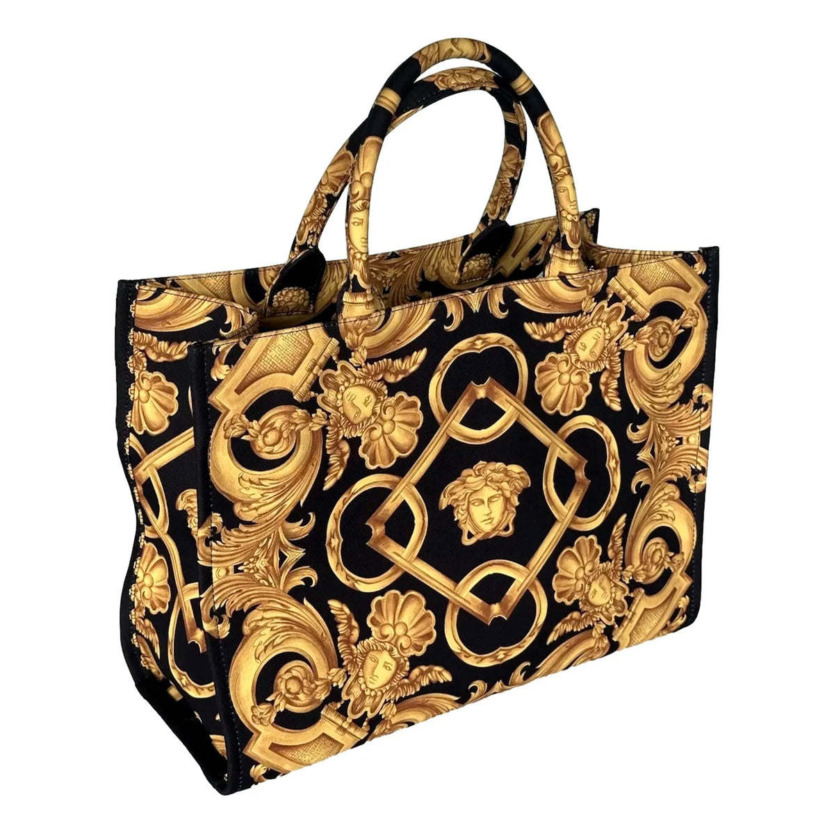 Versace Black and Gold Signature Print Large Canvas Tote