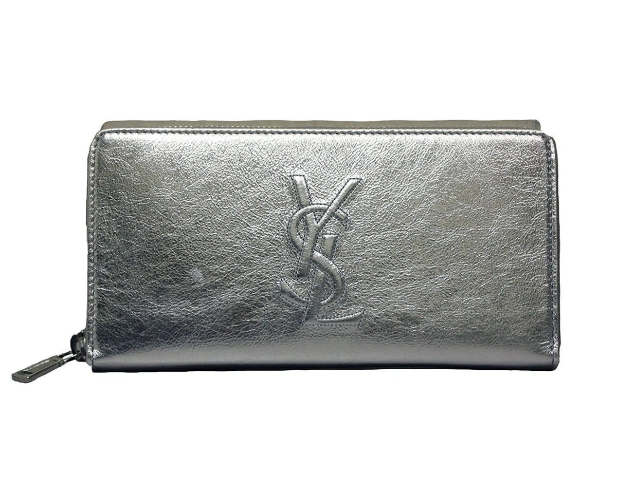 Yves Saint Laurent Wallet YSL Belle du Jour Silver Leather Zip Wallet